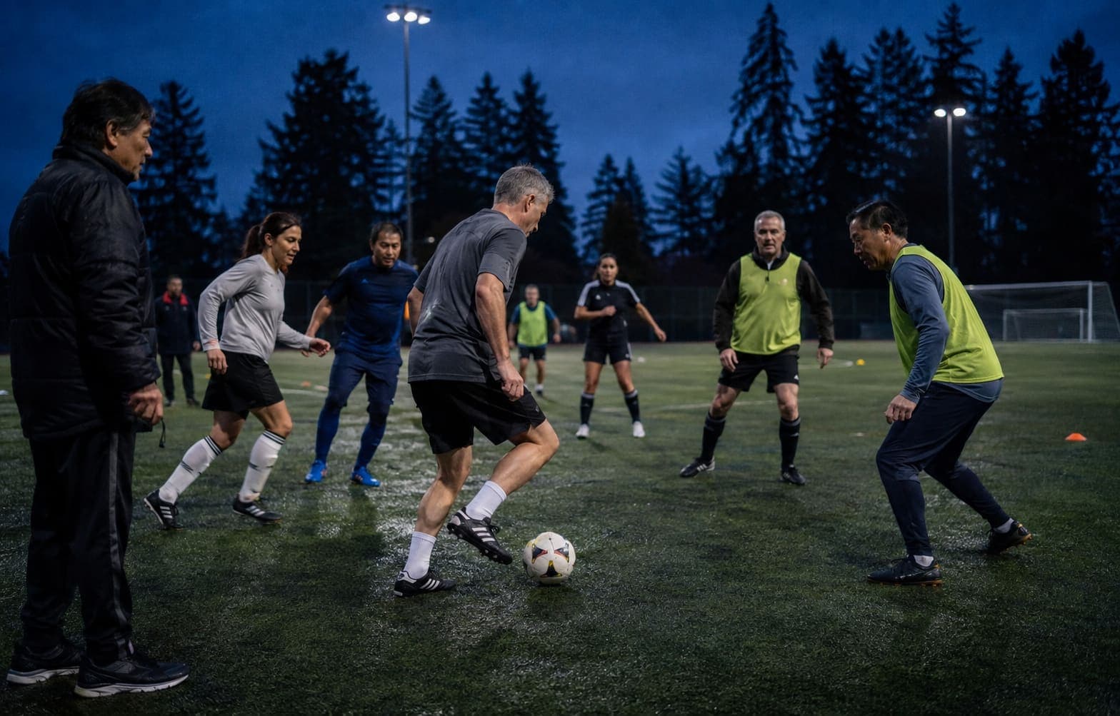 Adults in a coached soccer session on a floodlit turf field in Vancouver